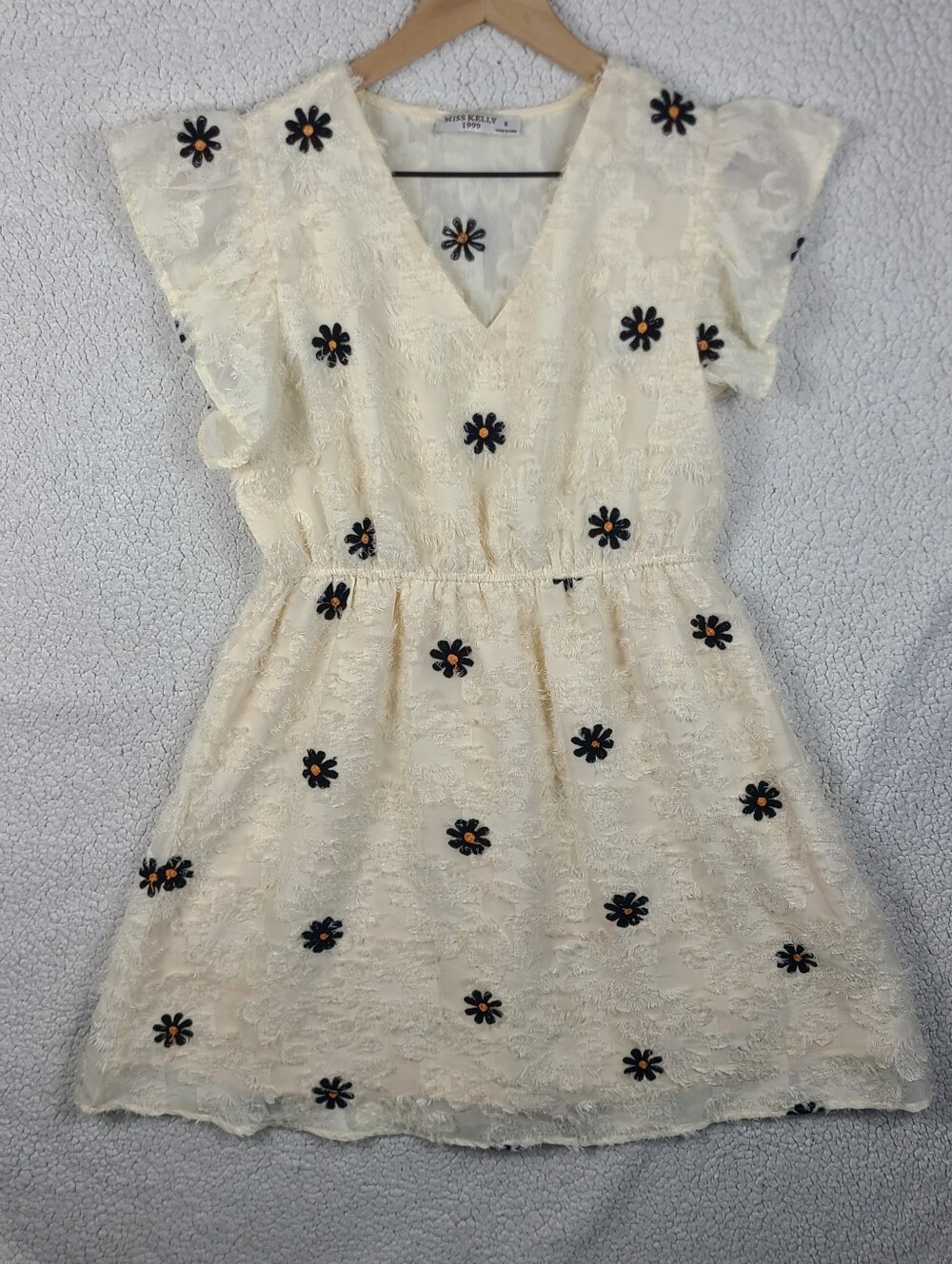 Miss Kelly 1999 Floral Embroidered Daisy Mini Dress S Flutter Sleeve